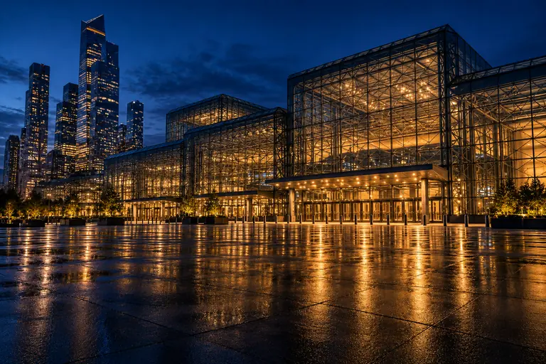Javits Center glass halls at blue hour