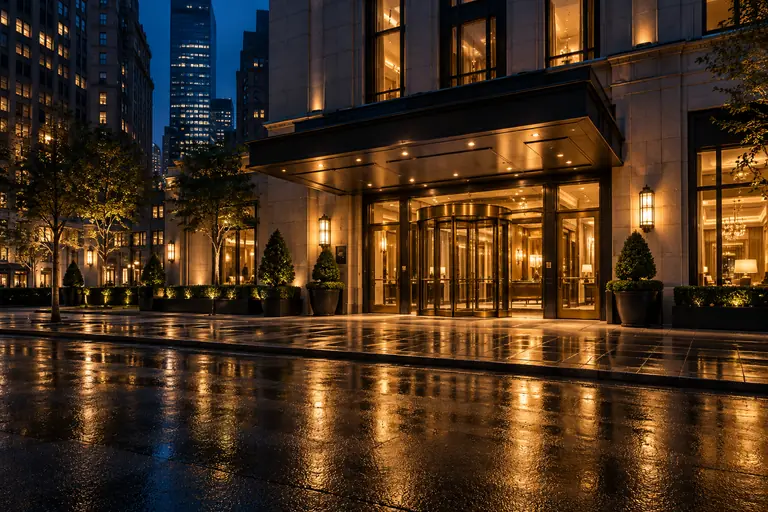 Manhattan luxury hotel entrance at night